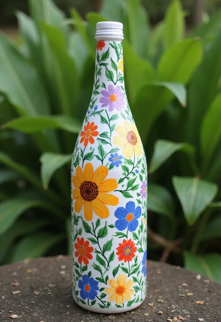 25 Bottle Painting Ideas With Acrylics For Handmade Home Decor 8 25 Bottle Painting Ideas With Acrylics For Handmade Home Decor - 2. Floral Pattern Bottles