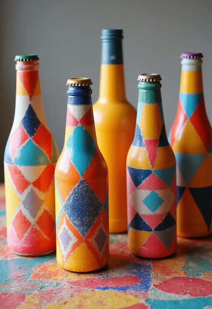 25 Bottle Painting Ideas With Acrylics For Handmade Home Decor 9 25 Bottle Painting Ideas With Acrylics For Handmade Home Decor - 3. Geometric Designs
