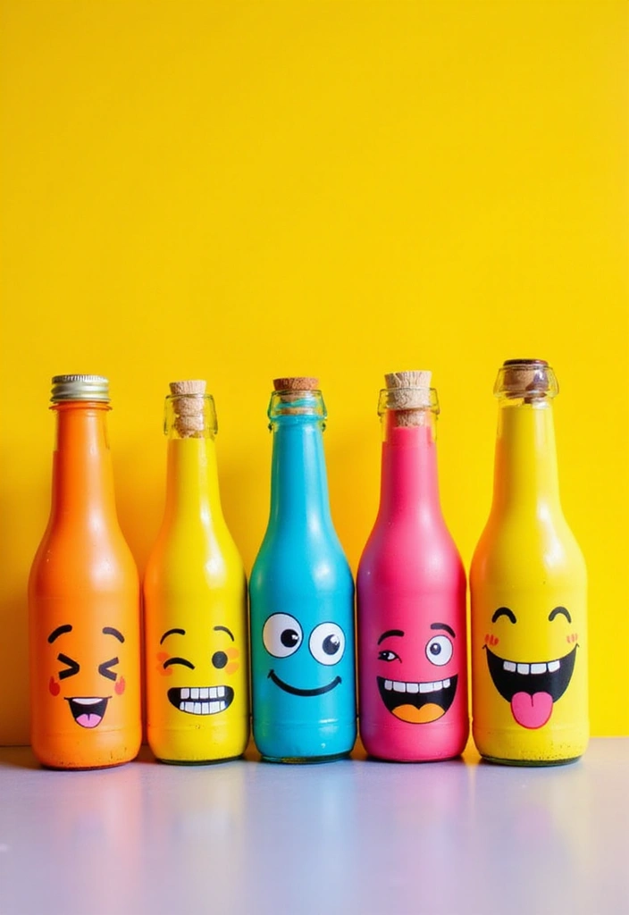 25 Bottle Painting Ideas With Acrylics For Handmade Home Decor 33 25 Bottle Painting Ideas With Acrylics For Handmade Home Decor - 7. Emoji Bottles