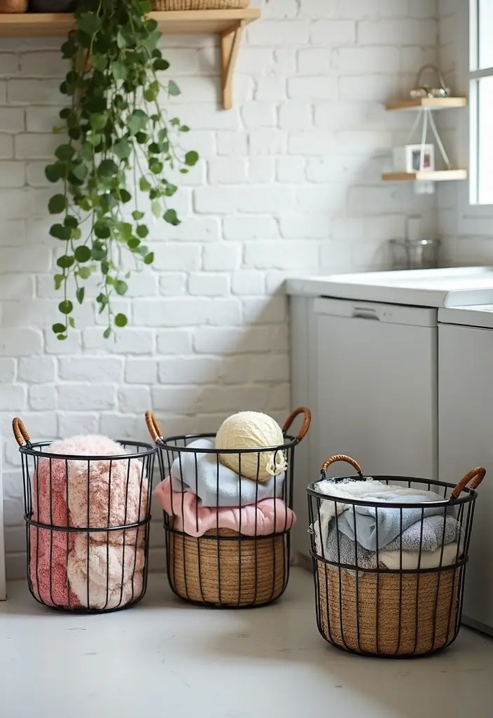 25 Handmade Laundry Basket Decor Ideas You’ll Love 4 25 Handmade Laundry Basket Decor Ideas You’ll Love - 4. Chic Wire Baskets