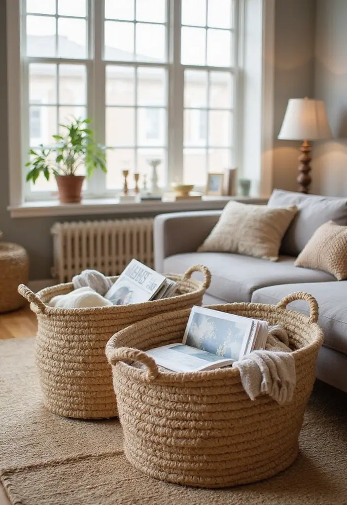 25 Handmade Rope Basket Decor Ideas That Impress 1 25 Handmade Rope Basket Decor Ideas That Impress - 1. Cozy Living Room Storage