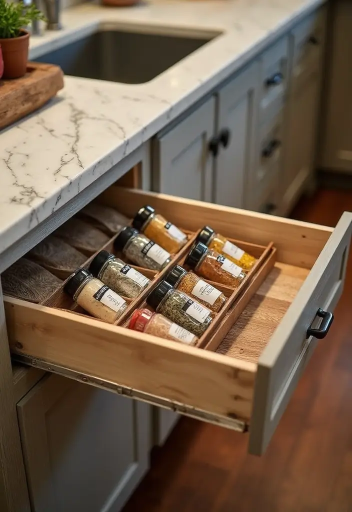 26 Handmade Spice Rack Decor Ideas To Organize Beautifully 54 26 Handmade Spice Rack Decor Ideas To Organize Beautifully - 18. Spice Drawer with Pull-Out Shelf