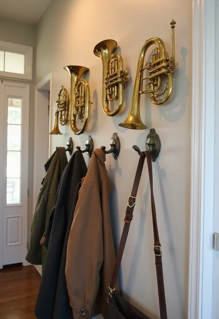 26 Unique Home Decor Ideas With Handmade Instruments 46 26 Unique Home Decor Ideas With Handmade Instruments - 18. Brass Instrument Wall Hooks