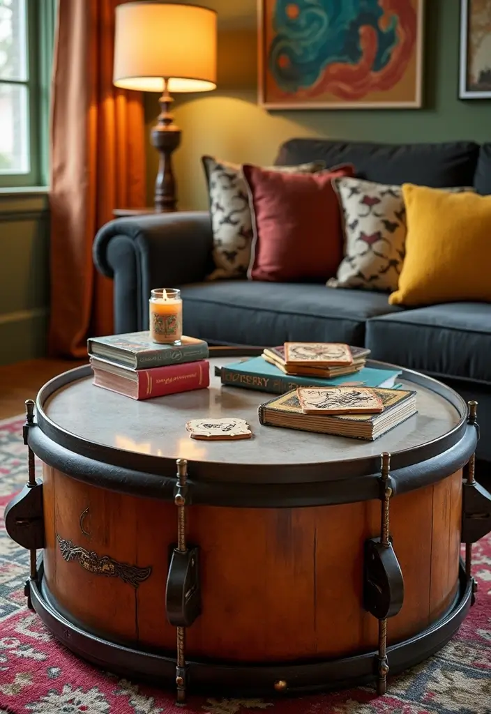 26 Unique Home Decor Ideas With Handmade Instruments 2 26 Unique Home Decor Ideas With Handmade Instruments - 2. Drum Table Centerpiece