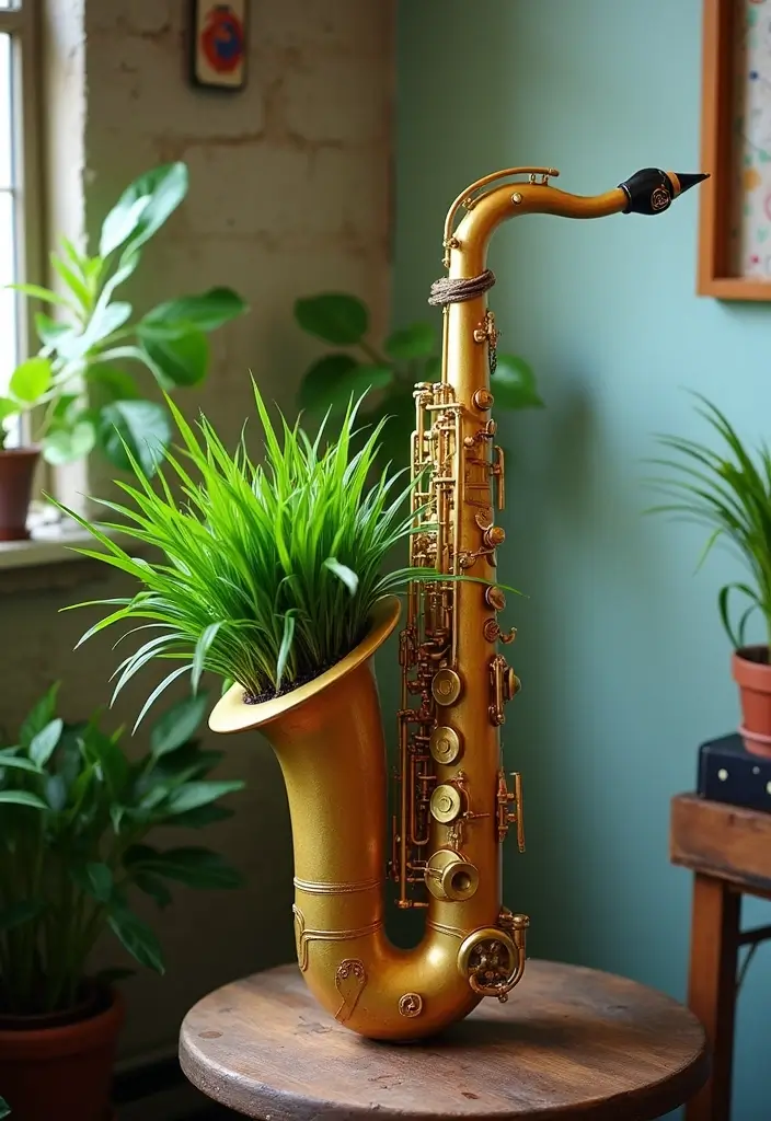 26 Unique Home Decor Ideas With Handmade Instruments 6 26 Unique Home Decor Ideas With Handmade Instruments - 4. Saxophone Plant Holder