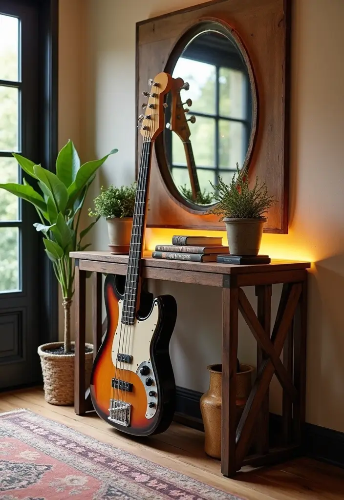 26 Unique Home Decor Ideas With Handmade Instruments 21 26 Unique Home Decor Ideas With Handmade Instruments - 7. Bass Guitar Console Table