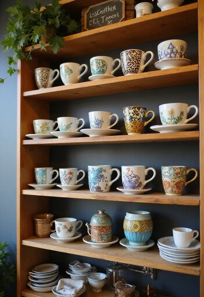 27 Artisan Coffee Shop Decor Ideas With Handmade Charm 43 27 Artisan Coffee Shop Decor Ideas With Handmade Charm - 17. Artistic Coffee Cup Display