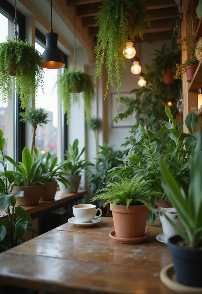 27 Artisan Coffee Shop Decor Ideas With Handmade Charm 12 27 Artisan Coffee Shop Decor Ideas With Handmade Charm - 6. Greens and Indoor Plants