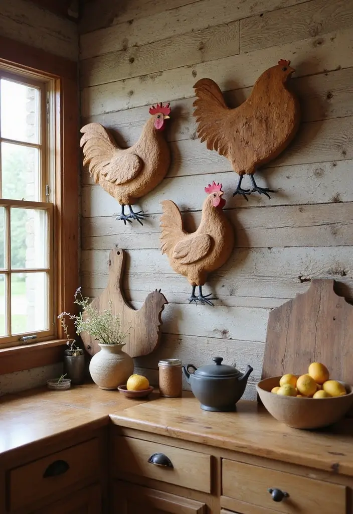 27 Handmade Chicken Decor Ideas For Farmhouse Kitchens 69 27 Handmade Chicken Decor Ideas For Farmhouse Kitchens - 27. Handmade Chicken Wall Sculptures
