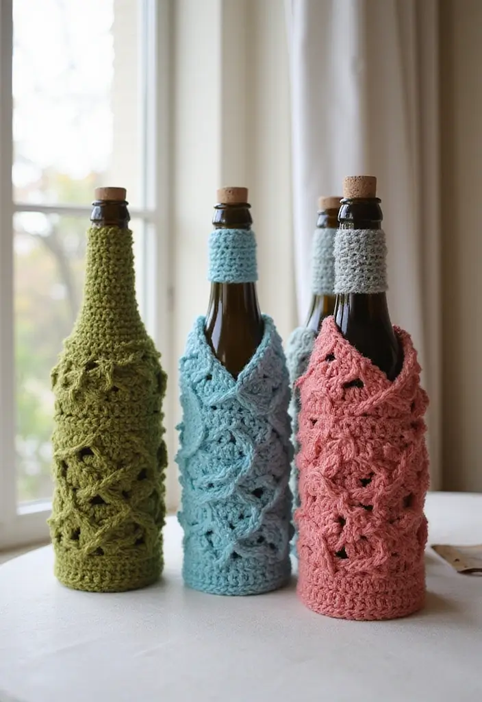 27 Handmade Crochet House Decor Ideas For Warm Interiors 14 27 Handmade Crochet House Decor Ideas For Warm Interiors - 8. Charming Crochet Bottle Holders