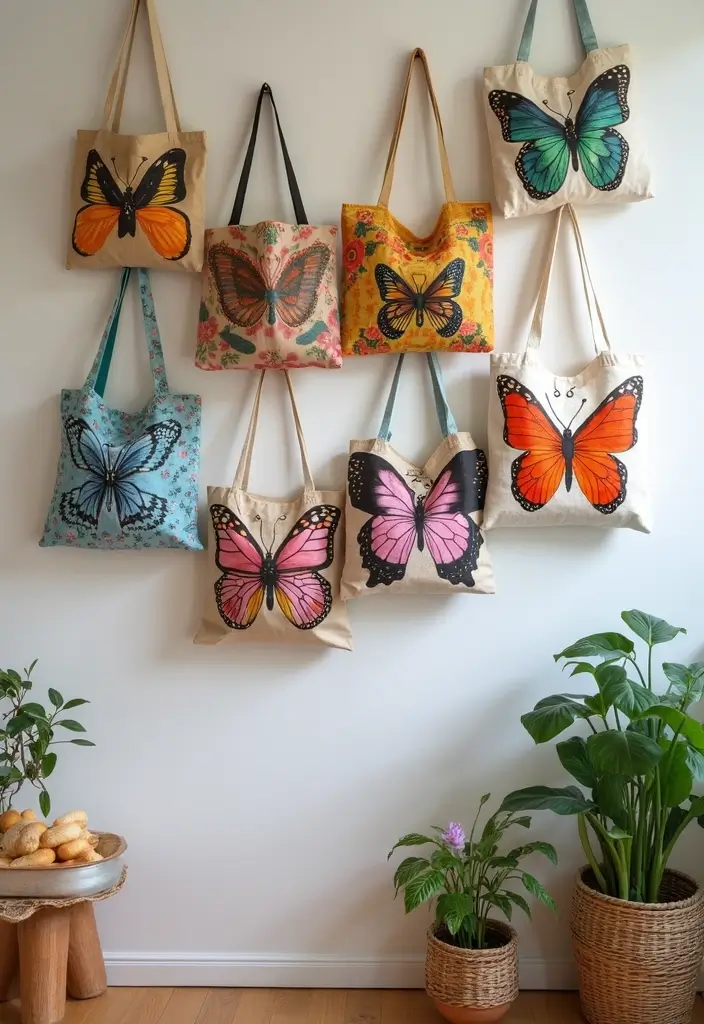 28 Handmade Butterfly Wall Decor Ideas For A Whimsical Touch 62 28 Handmade Butterfly Wall Decor Ideas For A Whimsical Touch - 26. Butterfly Tote Bags as Wall Art