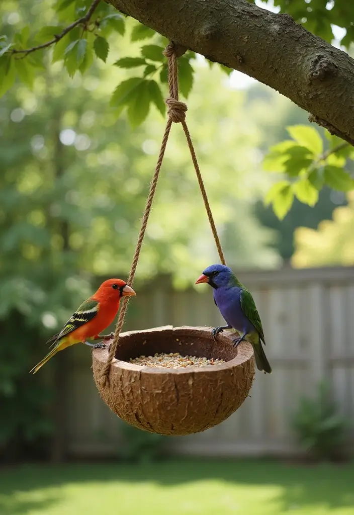 28 Handmade Coconut Shell Decor Ideas You Can DIY 13 28 Handmade Coconut Shell Decor Ideas You Can DIY - 5. Coconut Shell Bird Feeders
