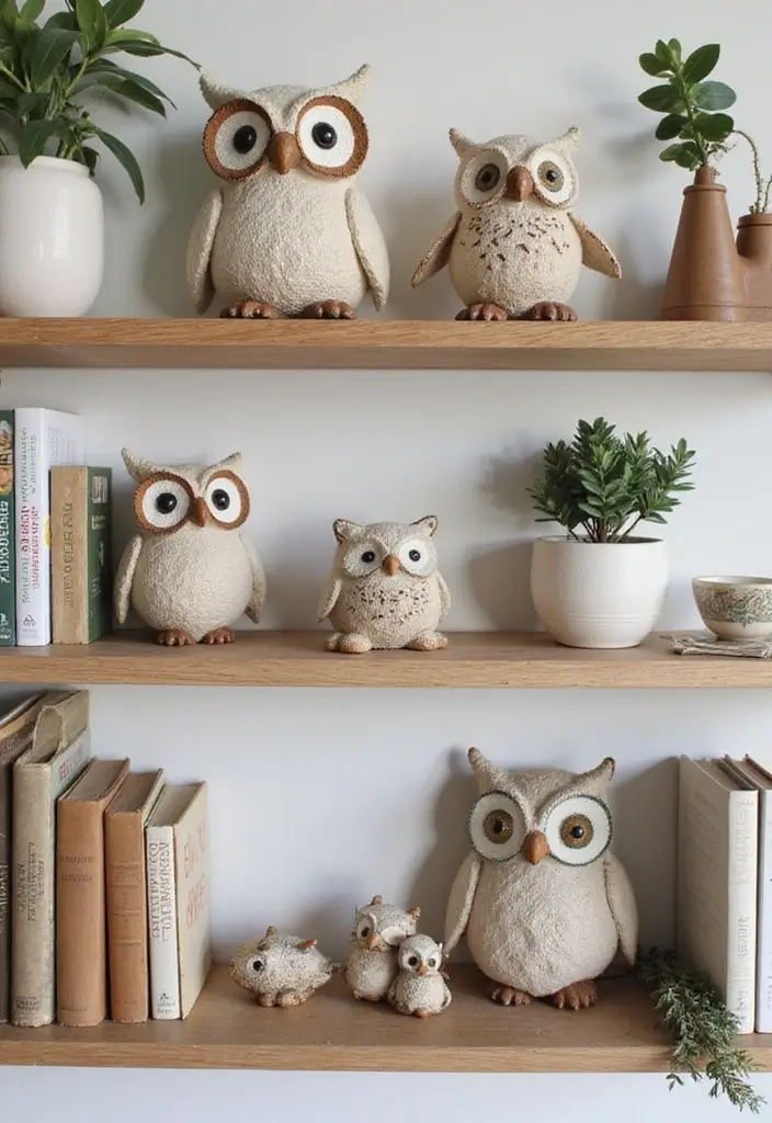 28 Handmade Owl Decor Ideas For Whimsical Homes 13 28 Handmade Owl Decor Ideas For Whimsical Homes - 7. Cute Owl Shelf Decor