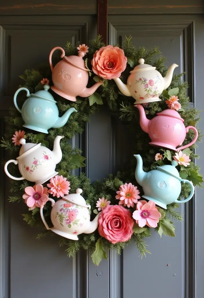 28 Handmade Teapot Decor Ideas With Vintage Flair 20 28 Handmade Teapot Decor Ideas With Vintage Flair - 12. Decorative Teapot Wreaths
