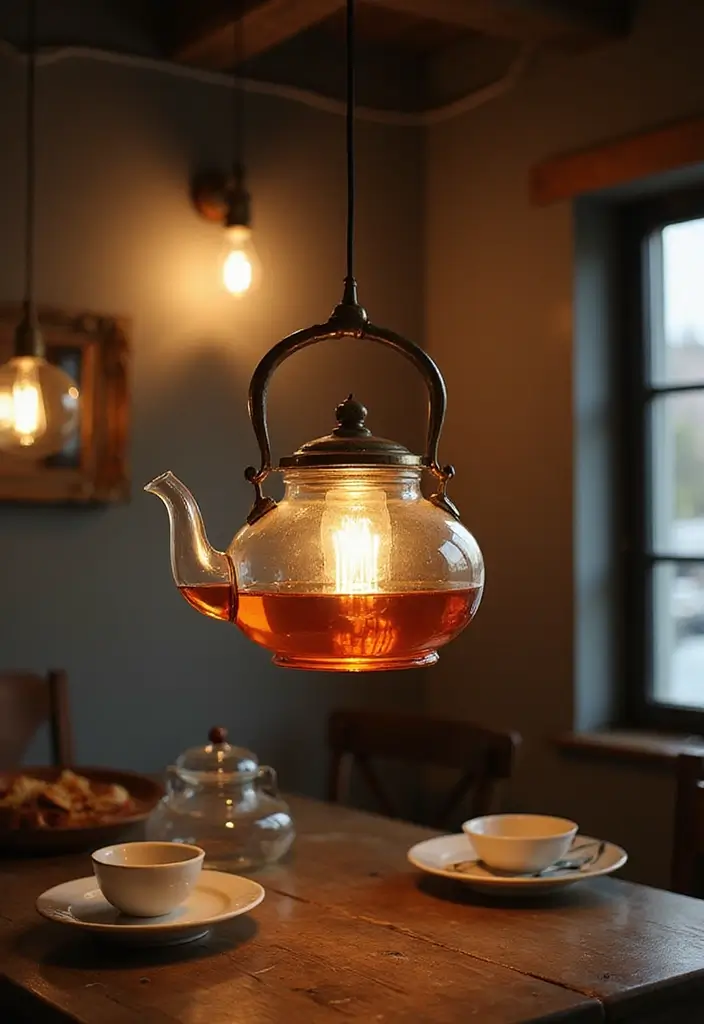 28 Handmade Teapot Decor Ideas With Vintage Flair 21 28 Handmade Teapot Decor Ideas With Vintage Flair - 13. Vintage Teapot Pendant Lights