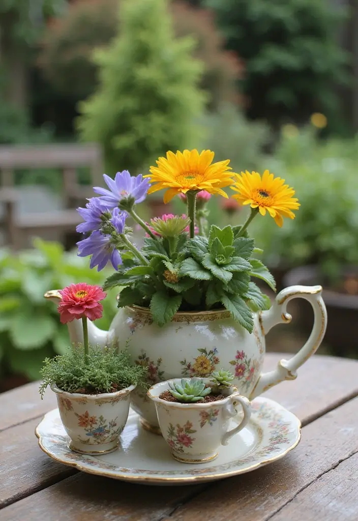 28 Handmade Teapot Decor Ideas With Vintage Flair 22 28 Handmade Teapot Decor Ideas With Vintage Flair - 14. Teapot and Cup Planters