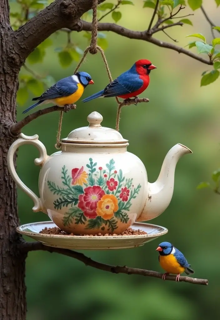 28 Handmade Teapot Decor Ideas With Vintage Flair 14 28 Handmade Teapot Decor Ideas With Vintage Flair - 6. Upcycled Teapot Bird Feeders