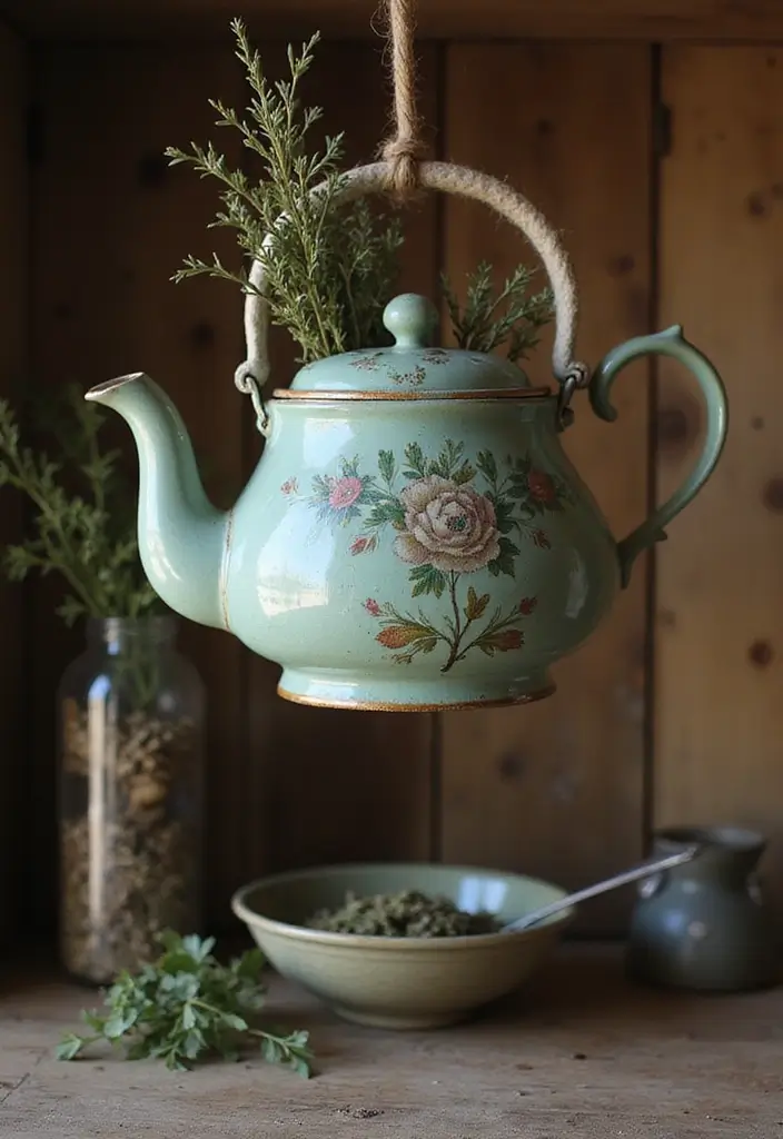 28 Handmade Teapot Decor Ideas With Vintage Flair 16 28 Handmade Teapot Decor Ideas With Vintage Flair - 8. Teapot Herb Drying Rack