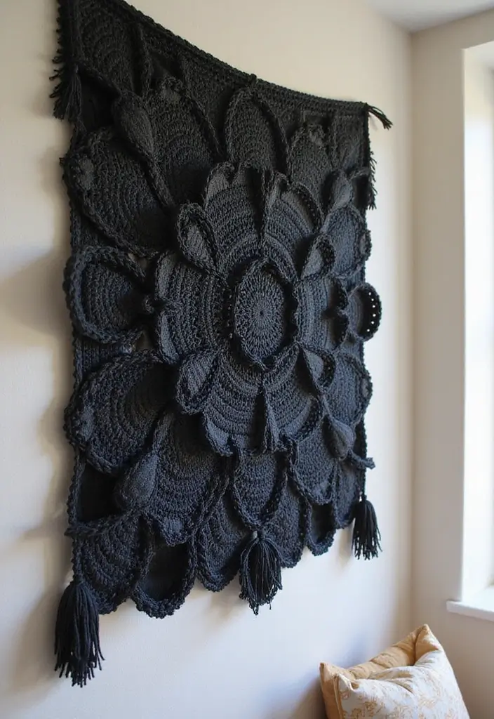 29 Handmade Black Crochet Decor Projects For Home Styling 1 29 Handmade Black Crochet Decor Projects For Home Styling - 1. Black Crochet Wall Hanging