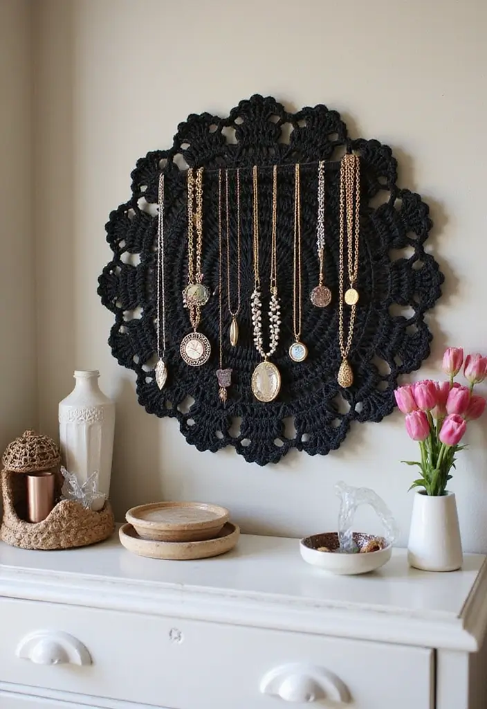 29 Handmade Black Crochet Decor Projects For Home Styling 21 29 Handmade Black Crochet Decor Projects For Home Styling - 11. Black Crochet Jewelry Holder