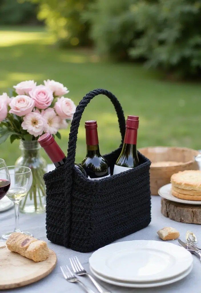 29 Handmade Black Crochet Decor Projects For Home Styling 49 29 Handmade Black Crochet Decor Projects For Home Styling - 29. Crochet Wine Carrier
