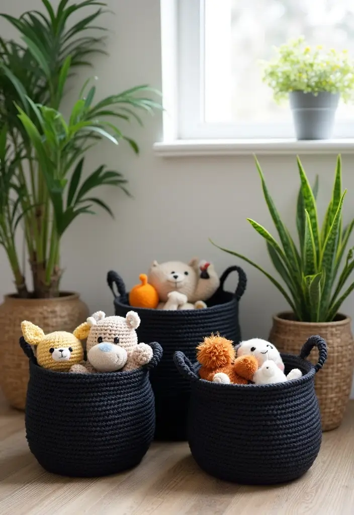 29 Handmade Black Crochet Decor Projects For Home Styling 11 29 Handmade Black Crochet Decor Projects For Home Styling - 5. Crochet Basket Organizers