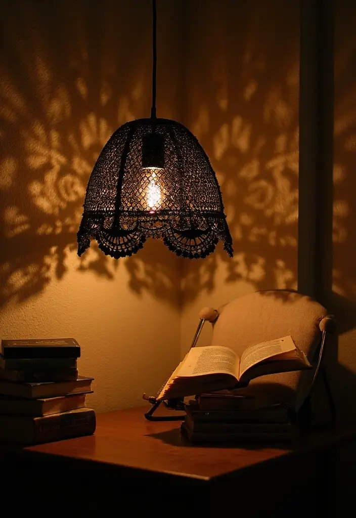 29 Handmade Black Crochet Decor Projects For Home Styling 14 29 Handmade Black Crochet Decor Projects For Home Styling - 6. Black Crochet Lampshade