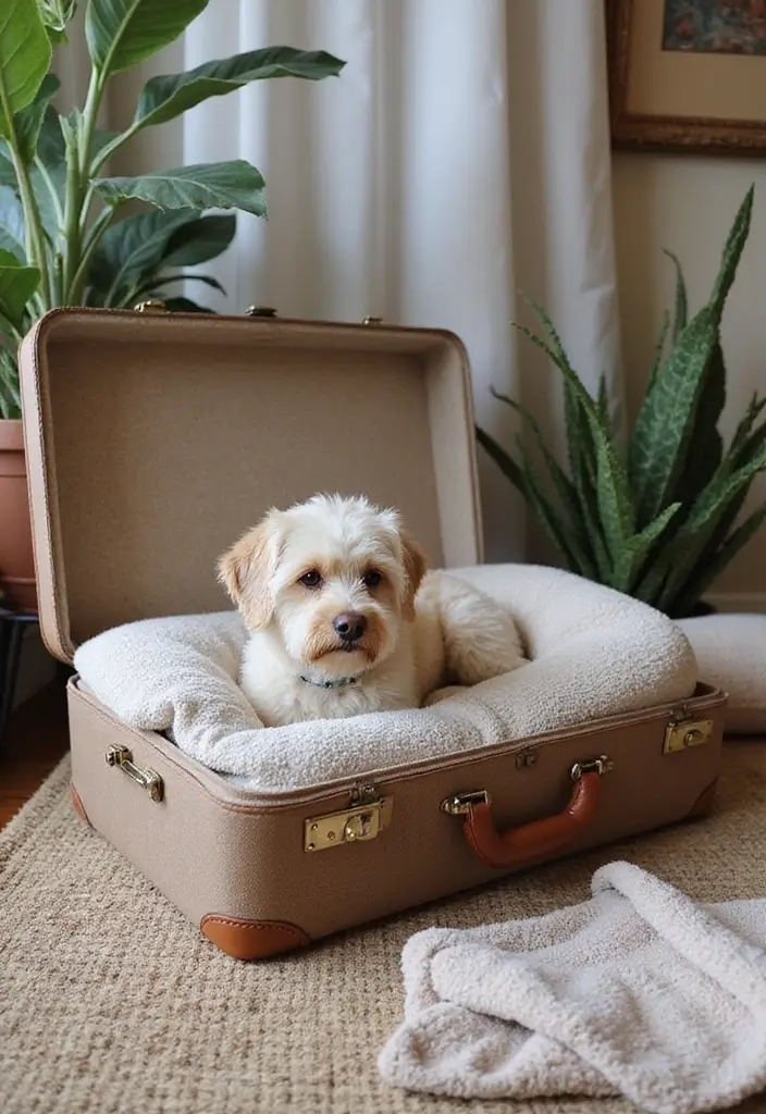 29 Handmade Vintage Suitcase Decor Ideas For Nostalgic Homes 9 29 Handmade Vintage Suitcase Decor Ideas For Nostalgic Homes - 3. Suitcase Pet Bed