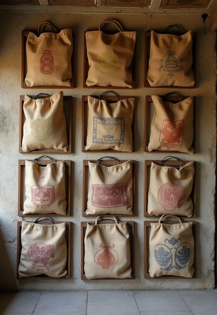 30+ Handmade Burlap Bag Decor Ideas For Rustic Homes 1 30+ Handmade Burlap Bag Decor Ideas For Rustic Homes - 1. Burlap Bag Wall Art